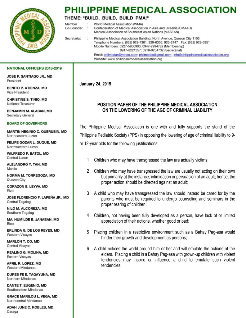 Position Paper Of The Philippine Medical Association On The Lowering Of The Age Of Criminal Liability Philippine Medical Association