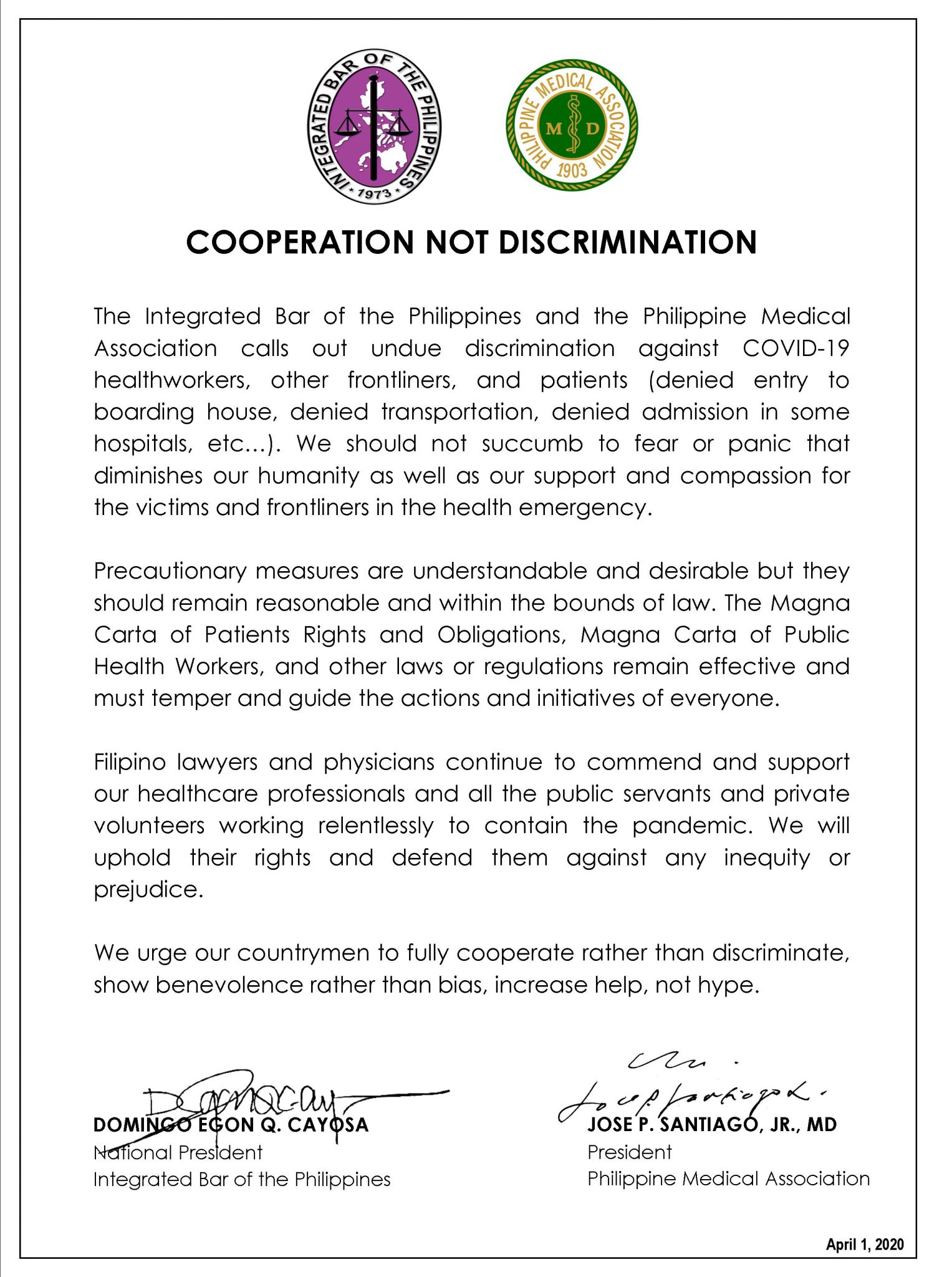Joint Statement of Integrated Bar of the Philippines and Philippine