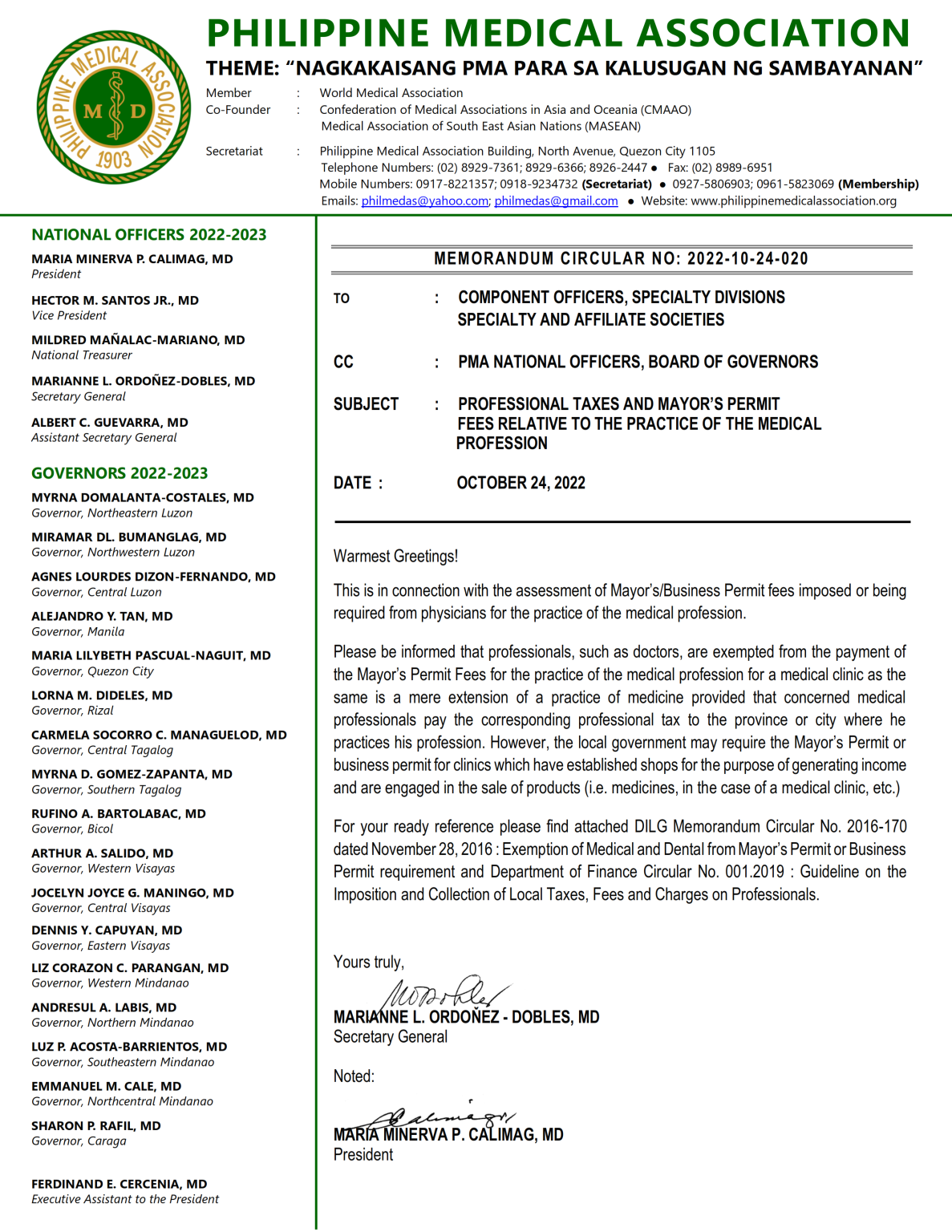Memorandum Circular No 20221024020 Professional Taxes and Mayor’s