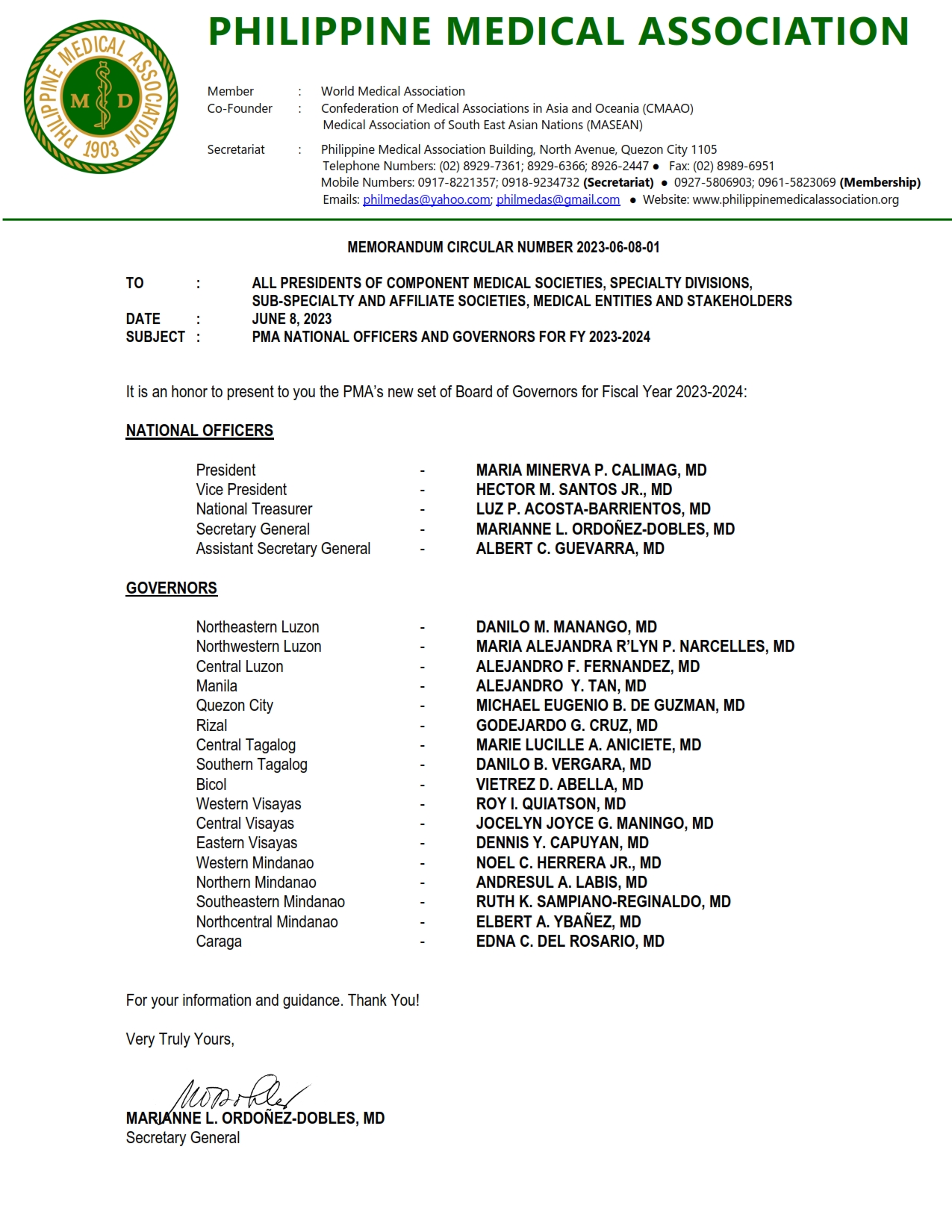 Memorandum Circular No 20230608001 PMA National Officers and